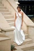 Sophisticated Minimalist Mermaid Wedding Dress with Asymmetric Neckline, Delicate Straps, and Elegant Lace Embellishments