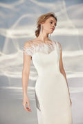 Sophisticated Sheath Wedding Gown with Strapless Boat Neckline and a Flattering Natural Waistline – Modern Bridal Dress