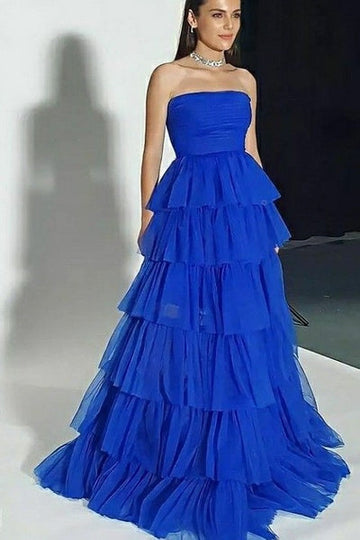 Sapphire Blue فساتين السهرة Strapless Multilayer Vestidos De Noche Elegant Pleats Tulle Prom Dress فساتين سهره فاخره