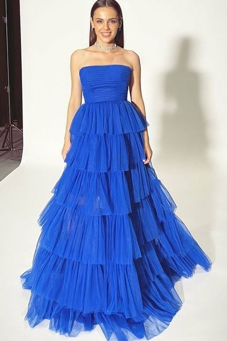 Sapphire Blue فساتين السهرة Strapless Multilayer Vestidos De Noche Elegant Pleats Tulle Prom Dress فساتين سهره فاخره