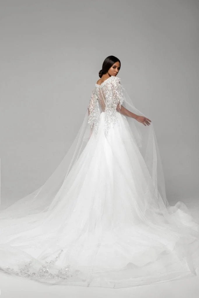 Stunning Puffy A-Line Bridal Dress with Long Sleeves, V-Neckline, and Lace Embellishments for a Timeless Bridal Look