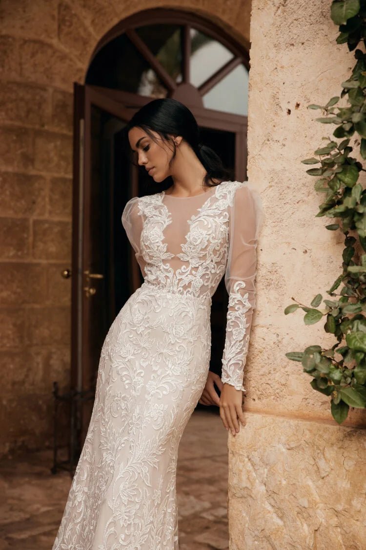 Stylish Mermaid Wedding Dresses For Women Full Sleeves V Neck Lace Appliques Brush Train Abito Da Sposa