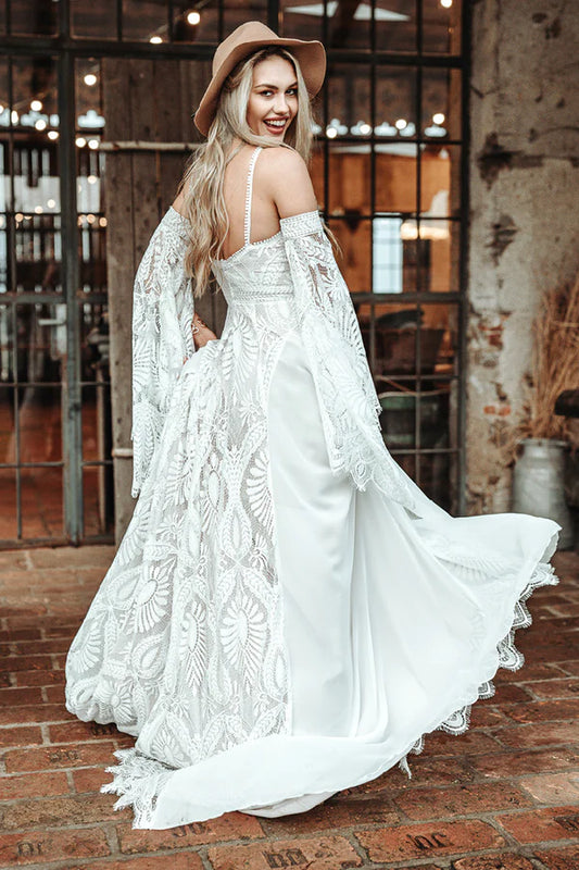 DREAM Halter Lace Beach Boho Wedding Dresses Flare Sleeves High Split Summer Flowying Train Backless Bridal Gowns Custom Size