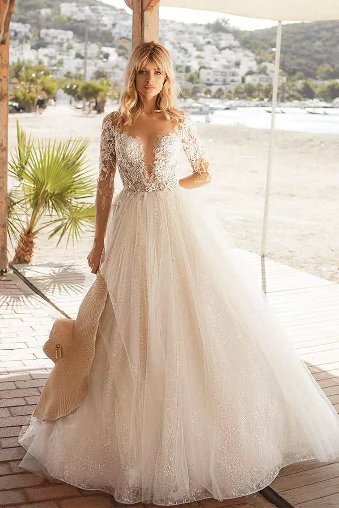 Timeless A-Line Wedding Gown with Elegant Long Sleeves, a Graceful V-Neckline for a Sophisticated and Breathtaking Bridal Look