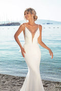 Glamorous Mermaid Wedding Gown with Delicate Spaghetti Straps, a Flattering V-Neckline for a Stunning and Sophisticated Bridal Look