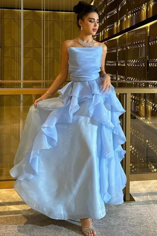 Elegant Sky Blue Arabia Prom Dress A-Line Strapless Ruffles Ankle Length Evening Dress vestido para eventos especiale