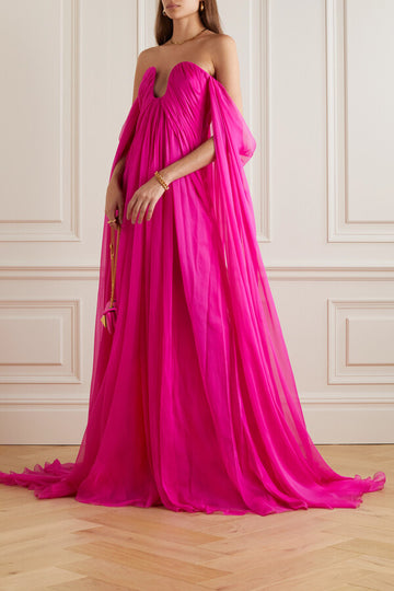 Elegant Fuchsia Chiffon فساتين السهرة Cape Sleeve Vestidos De Noche Sexy Chest Hollowed Out Prom Dress فساتين سهره فاخره