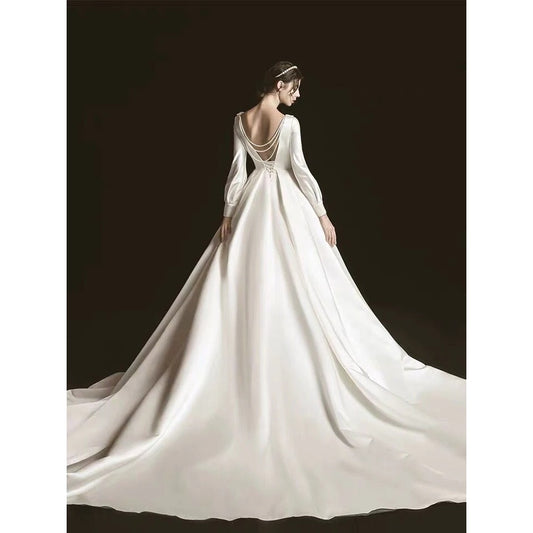 Robe de mariée Sexy Backless Pearls Wedding Dresses For Women V-Neck Long Sleeve A-Line Pure Satin Bridal Vestidos De Novia