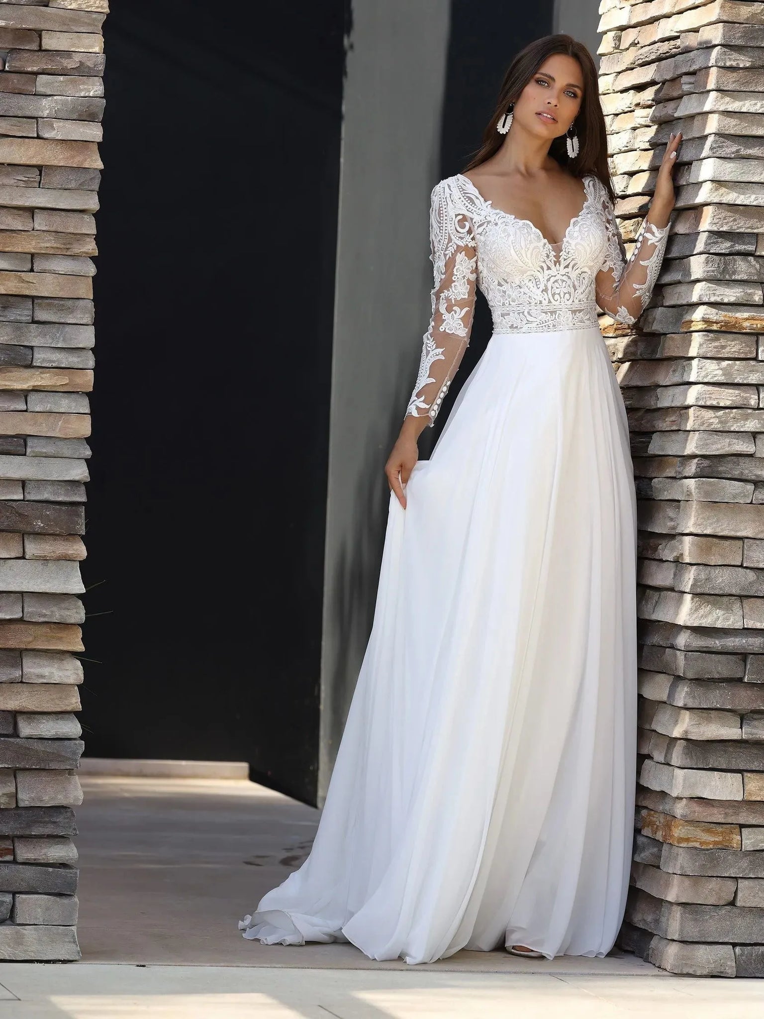white flowy lace dress with sleeves Long Sleeve Boho Lace Wedding Dress | White Flowy Bridal Gown with Sleeves