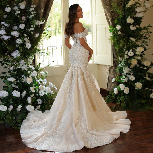 3D Flower Applique SUCHT MERMAID Wedding Jurken voor vrouw Cap Sleeve Princess Bridal Jurk Lace Up Lace-Up Dress Robe