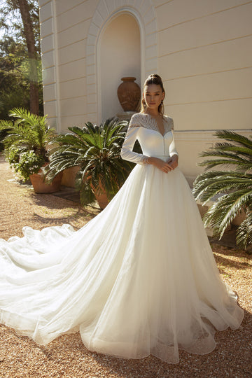 Modesto gola alta manga longa vestido de casamento brilhante lantejoulas noiva robe elegante a linha longo vestido de noiva robe de mariée