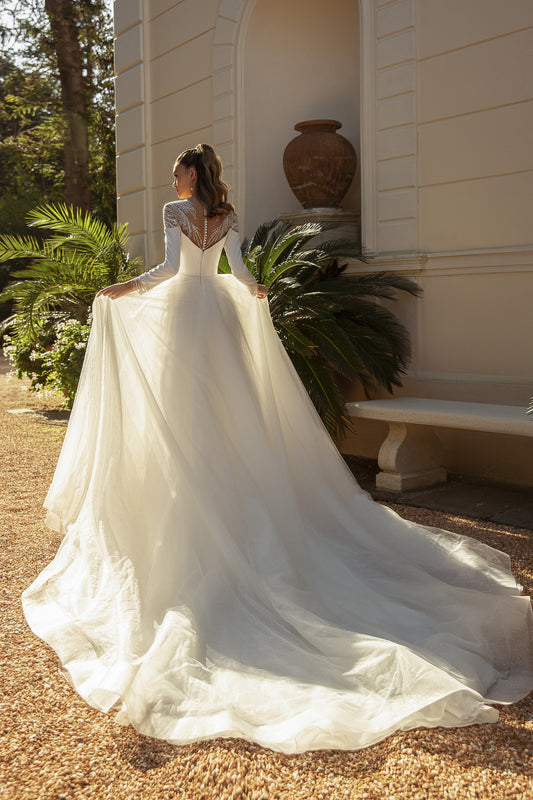 Blygsam hög krage långärmad bröllopsklänning glittrande paljetter brud mantel elegant a-line lång brudklänning klänning de mariée