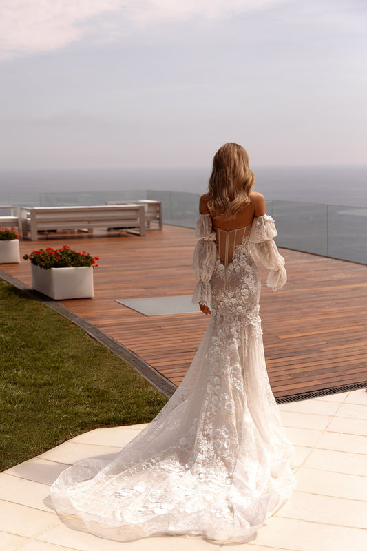 Robe de mariée de cou chérie romantique classique 3d fleur robe nuptiale élégante en dentelle sirène longue mariée vestidos de novia