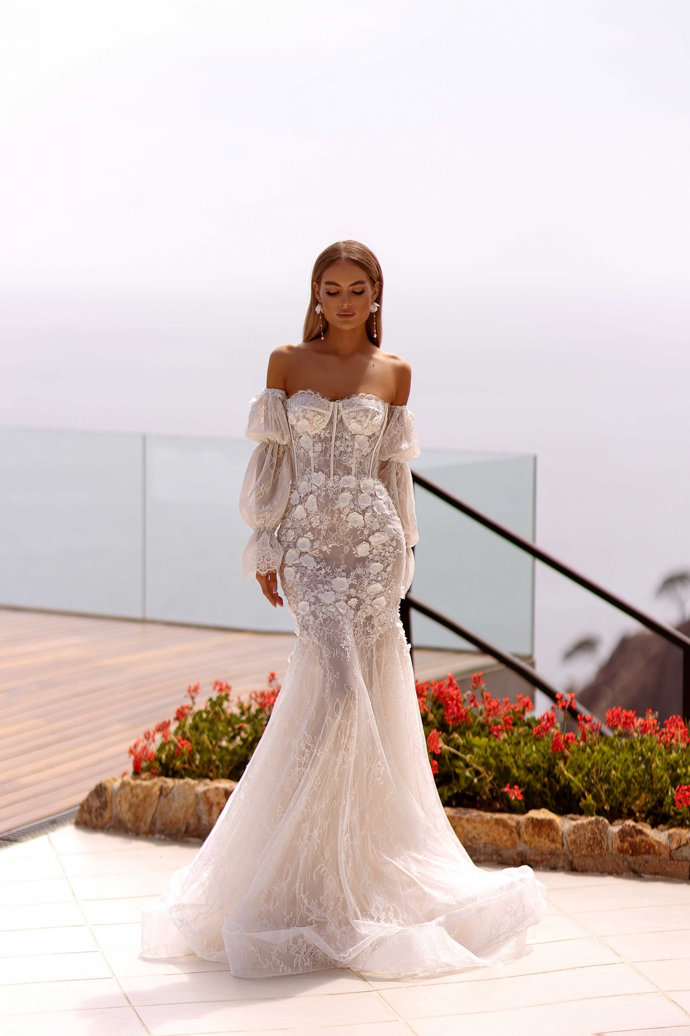 Romantisk älskling Neck Wedding Dress Classic 3D Flower Bridal Gown Elegant Lace Mermaid Long Bride Robe Vestidos de Novia