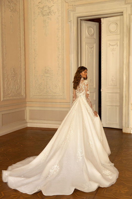 Bescheiden hoge kraag trouwjurk met lange mouwen klassieke kanten appliques jurk voor bruid sprankelende a-line bruidsjurk gewaad de mariée