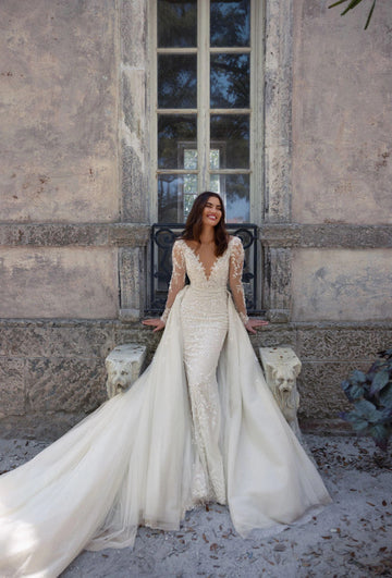 Liyuke delikata blommiga applikationer på den monterade kroppen illusion halsringning Back Wedding Dress Romantic 2 i 1 sjöjungfru Bridal klänningar
