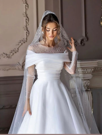 Elegante uma linha vestidos de casamento ilusão o pescoço mangas compridas pérolas contas detalhe designer vestidos de noiva personalizado de mariee