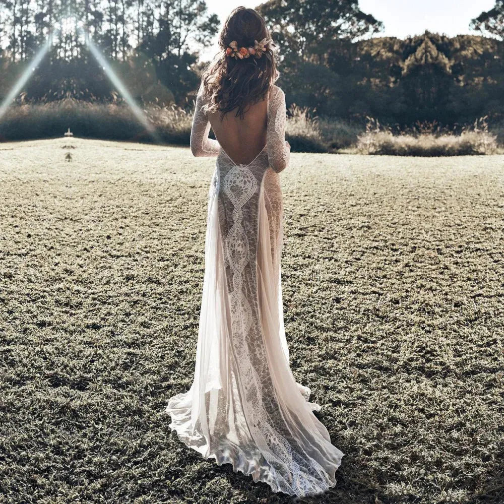 Backless Wedding Dresses Long Sleeves Vintage Bohemian Open Back Sexy