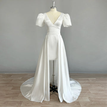 Vestido de noiva curto elegante de cetim com mangas bufantes curtas trem destacável decote em V mini comprimento vestido de noiva