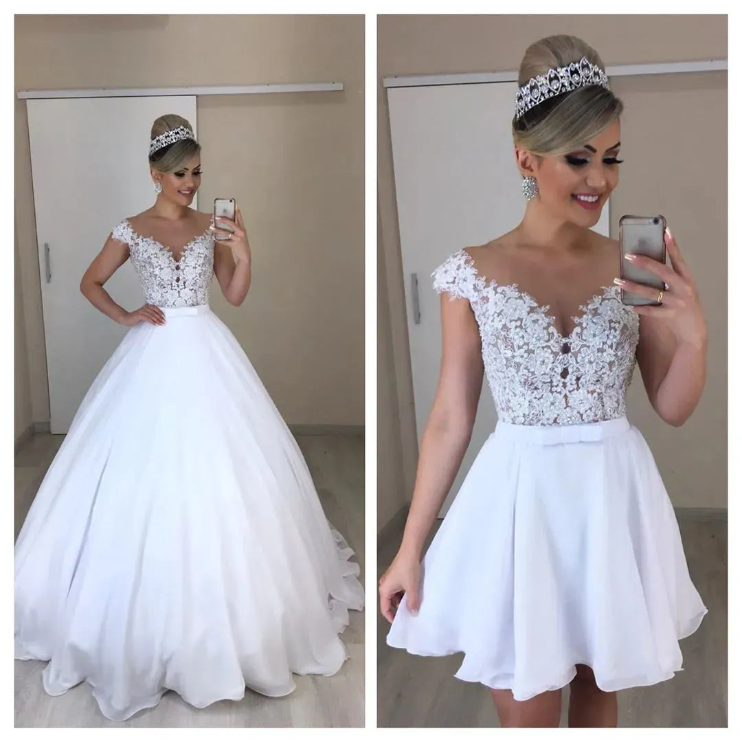 Beach 2 IN 1 Wedding Dresses Boho Vintage Lace Appliques Short Bridal Gown with Long Detachable Skirt For Bride Ivory