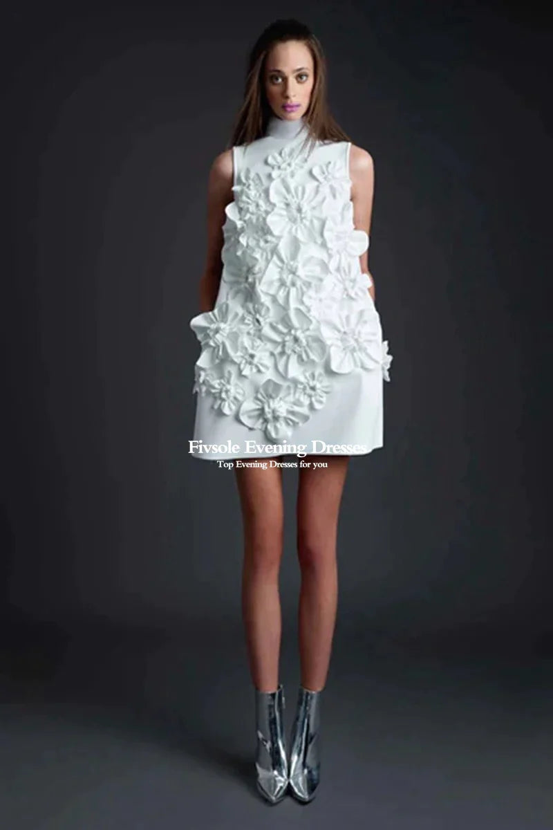 Kurzes Abendkleid High Neck A-Line Mini Brautkleider charmante 3D-Blumen Bow Prom Kleider Braut Braut formelles Partykleid