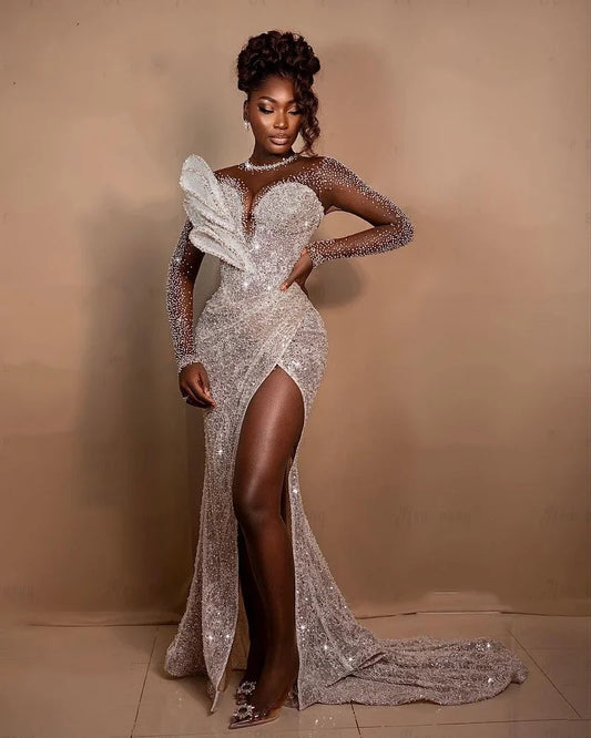 Luxury africain Full perled Slit Slit Robe de mariée Design de conception de train détachable Femmes Dubai Bridal Robes Vestido de Casamen