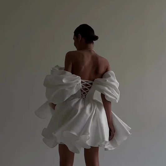 Kurzes Hochzeitskleid Schatz vor Schulter Rückenfreier Schnürung Brautkleid gerannte Falten über Knie Vestido de Noiva