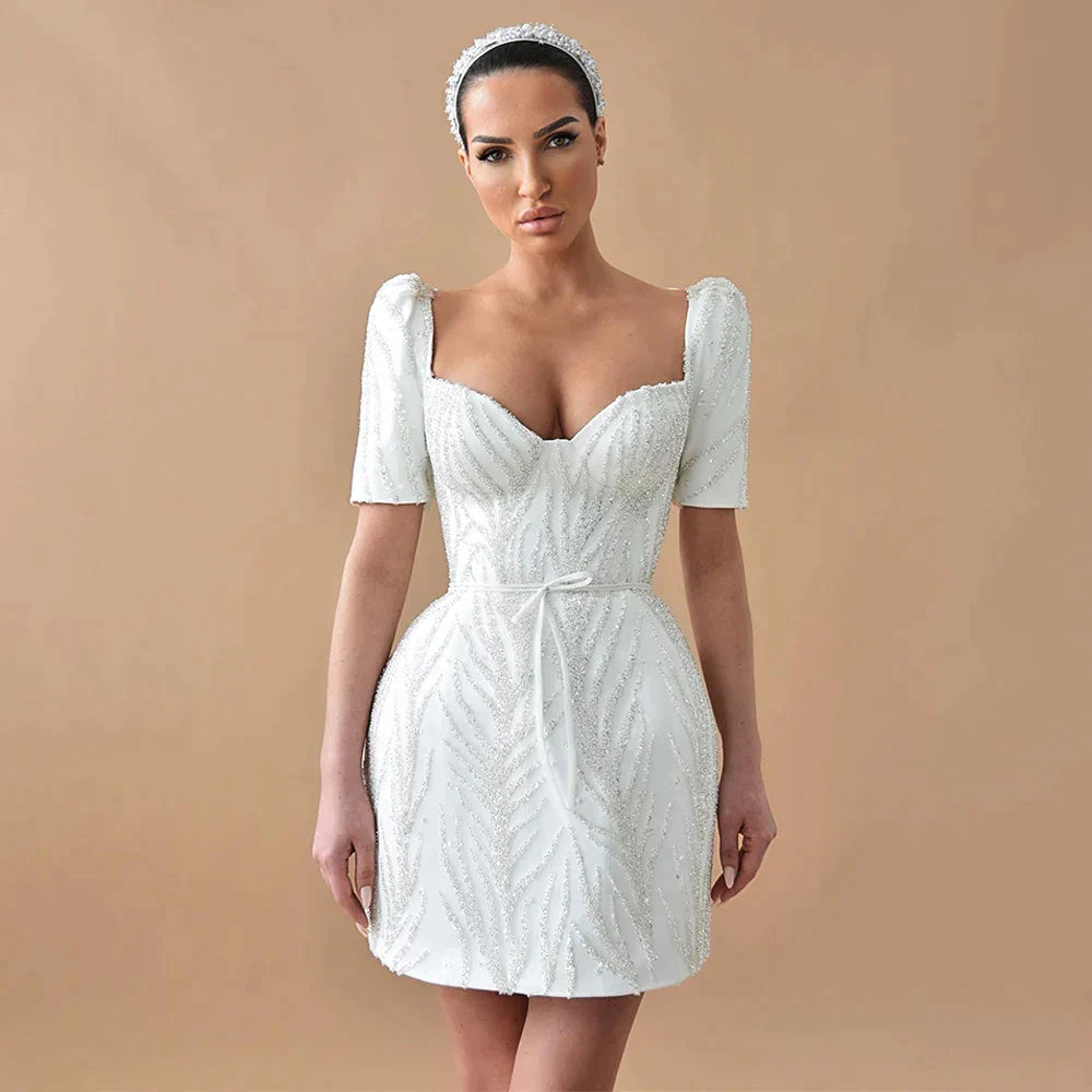 Glitter Wedding Dress Mini Sheath/Column Short Sleeves V Neck Wedding Gowns for Women Bride Backless Luxury Bridal Dresses Short